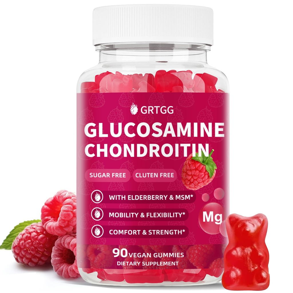 Glucosamin Chondroitin Gummies med MSM & Elderberry Extra Strength 3000MG - Fælles støtte, Antioxidant immunforsvar supplement til voksne, mænd og kvinder - 90 Hindbær Gummies