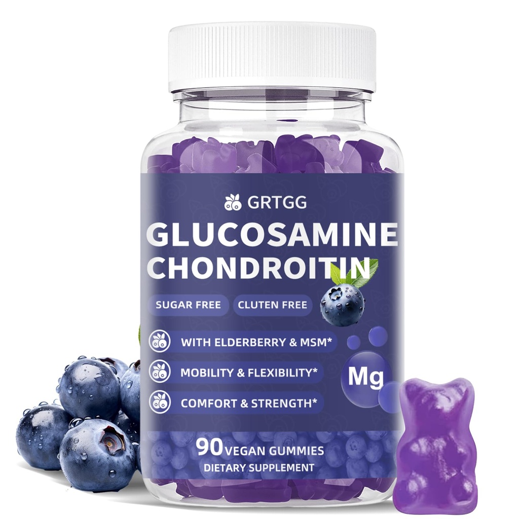 Glucosamin Chondroitin Gummies med MSM & Elderberry Extra Strength 3000MG - Joint Support, Antioxidant immunsupport for voksne, Mænd & Kvinder - 90 Blueberry Gummies