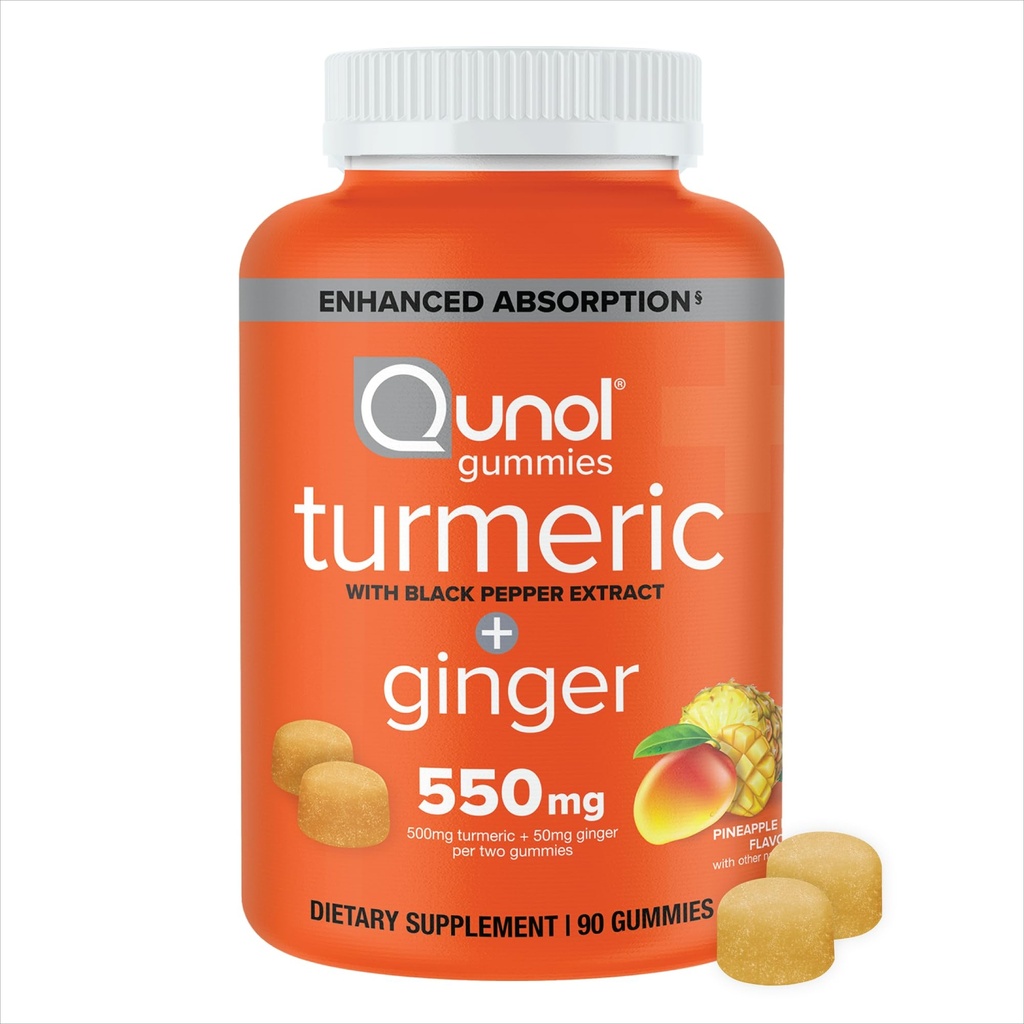 Qunol Gurkemeje og Ingefær med Sort Pepper Gummies, Gurkemeje supplement, Fælles Sundhedsstøtte Gummy, 90kt Gummies