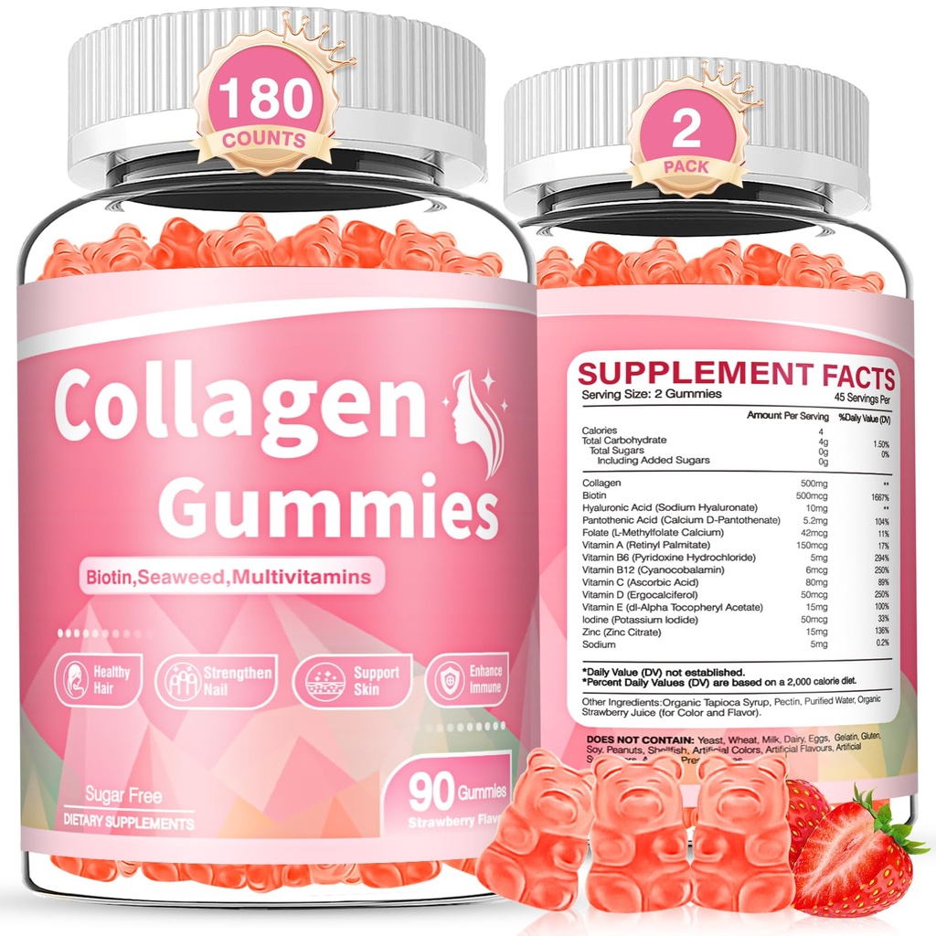 180 Count Collagen Gummies Collagen Protein Type I II III V X med Biotin Vitamin C A B D E Keratin Hyaluronsyre til hår hud negle Fælles immunfordøjelse Kvinder Mænd Sukker frie jordbær