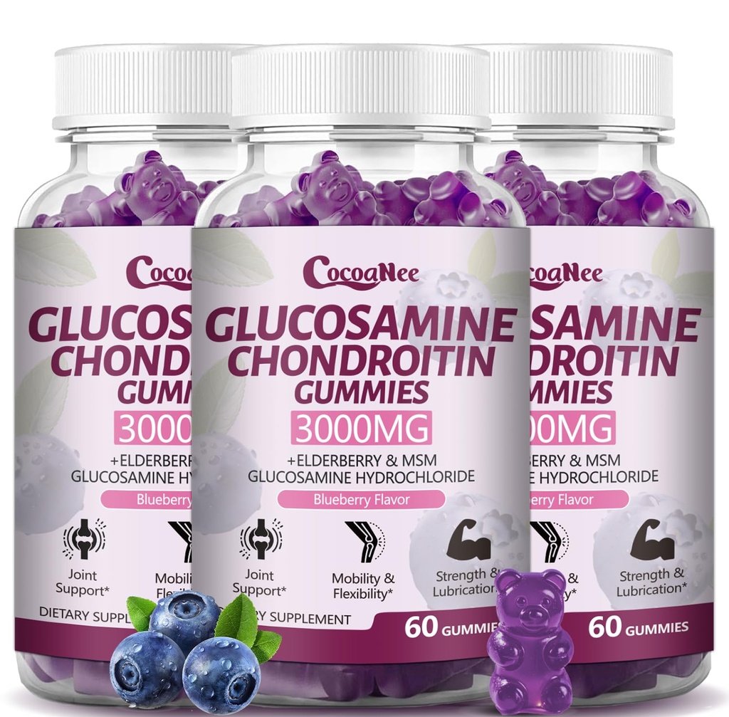 3 Pakker 3000MG Glucosamine Chondroitin Gummies, Ekstra styrke Fælles Support Supplement med MSM & Elderberry, Fleksibilitet, Antioxidant immunsupport Gummy til voksne, Mænd & Kvinder 180Cts