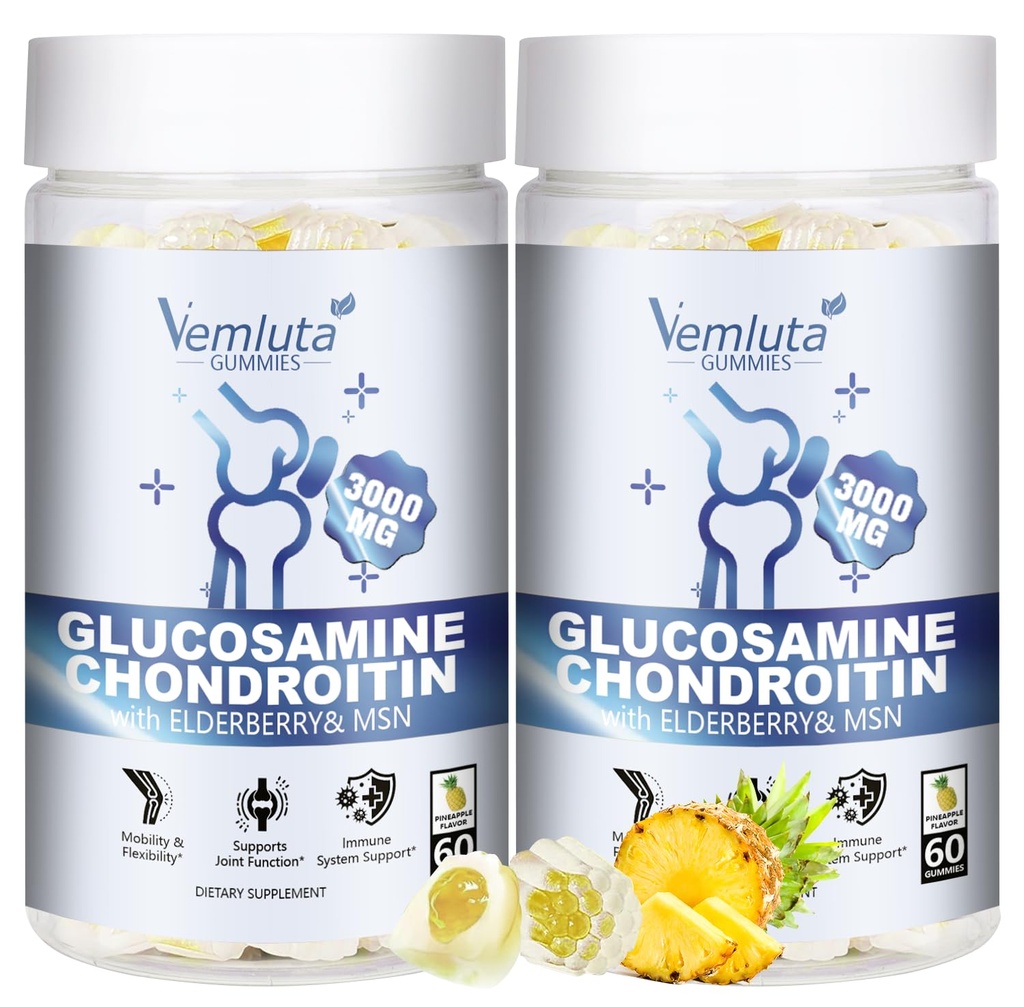 2 Pakker Glucosamin Chondroitin Gummies - 3000MG Ekstra styrke Fælles Support Supplement med MSM, Fleksibilitet, Antioxidant immunsupport Gummy til voksne, Mænd & Kvinder - 120 Cts