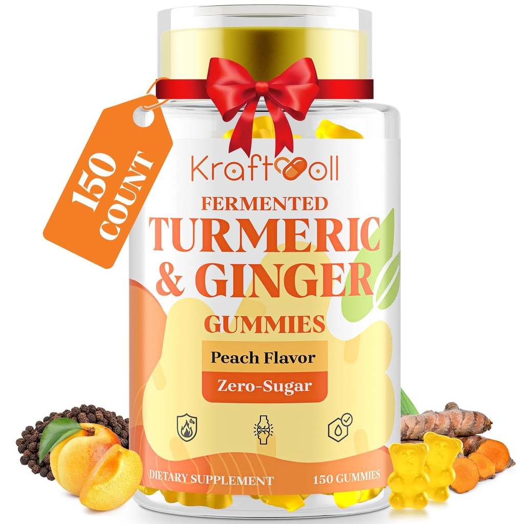 5 måneders levering gurkemeje og ingefær med sort peber, gæret gurkemeje til fælles komfort & mobilitet, sukkerfri med vitamin D3 + K2, Natural Peach Flavor - 150 gummies