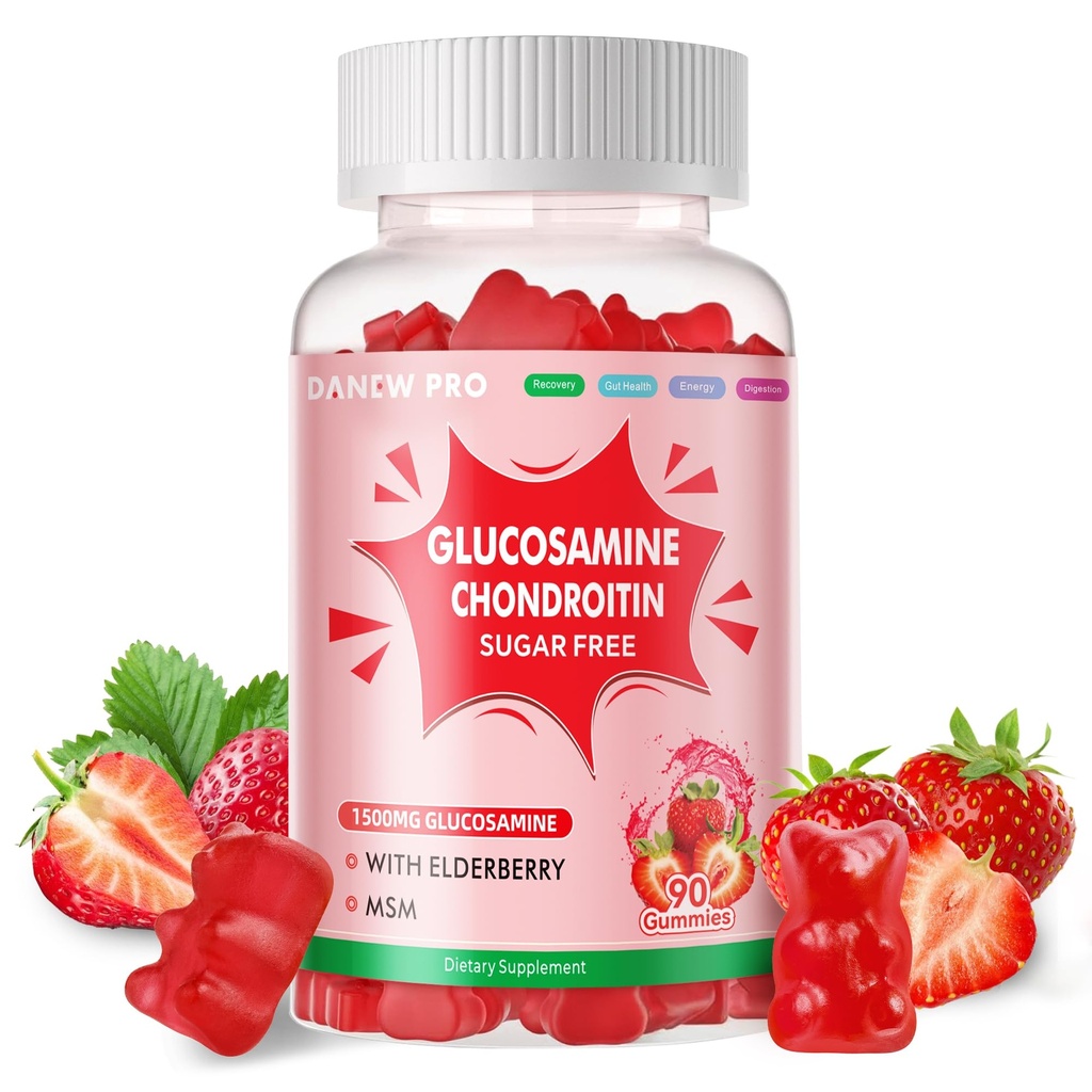 DANEW Pro Glucosamine Chondroitin Gummies med MSM & Elderberry Extra Strength - Fælles støtte, Antioxidant immunsupport for voksne, Mænd & Women.90 Jordbær Gummies