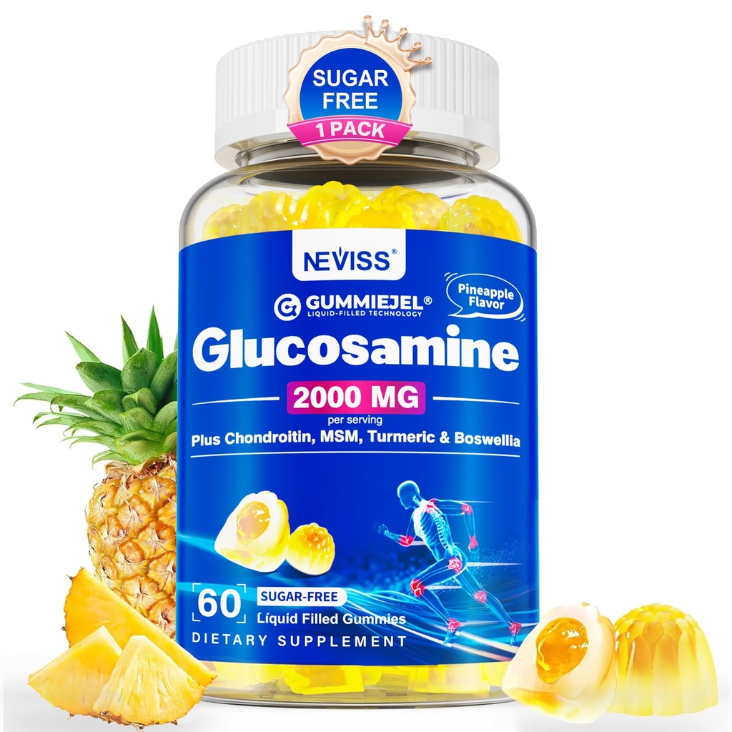 Sugar Free Glucosamin Chondroitin MSM Gummies - Max Strength Mobility Supplement for Women & Men w / Glucosamin Sulfate 2000mg, Boswellia, Curcumin & Hyaluronsyre - Fleksibilitet Support - 60Cts