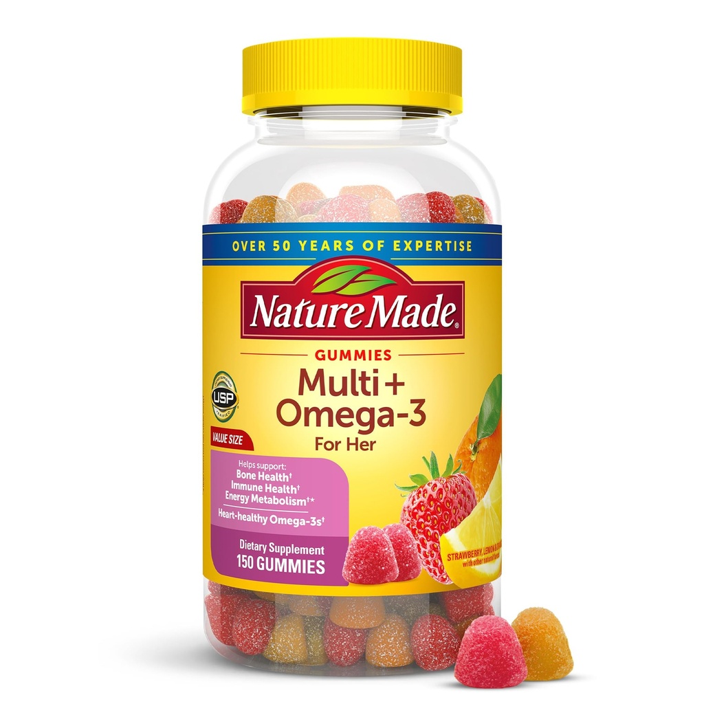 Nature Made Womens Gummy Multivitaminer med Omega-3, Multivitamin til kvinder til daglig ernæringsstøtte, 150 Gummies, 75 Day Supply