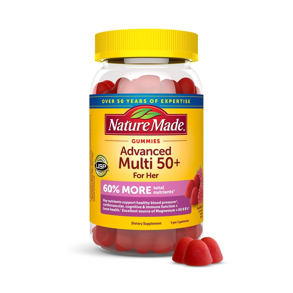 Nature Made Advanced Multivitamin Gummies 50 + til hende, Kvinder Multivitaminer Gummies med Magnesium Citrate, Vitamin D3, Zink, Calcium og alle 8 B vitaminer, 84 Greve, 28 dages forsyning