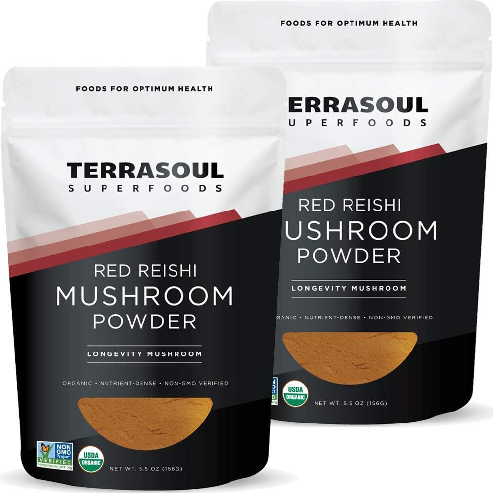 Terrasoul Superfoods Organic Reishi Mushroom Powder (4: 1 Uddrag), 11 Oz (2 Pack) - Immunosting Measurement 124; Coffee Enhancer Measurement 124; Deeper Sleep