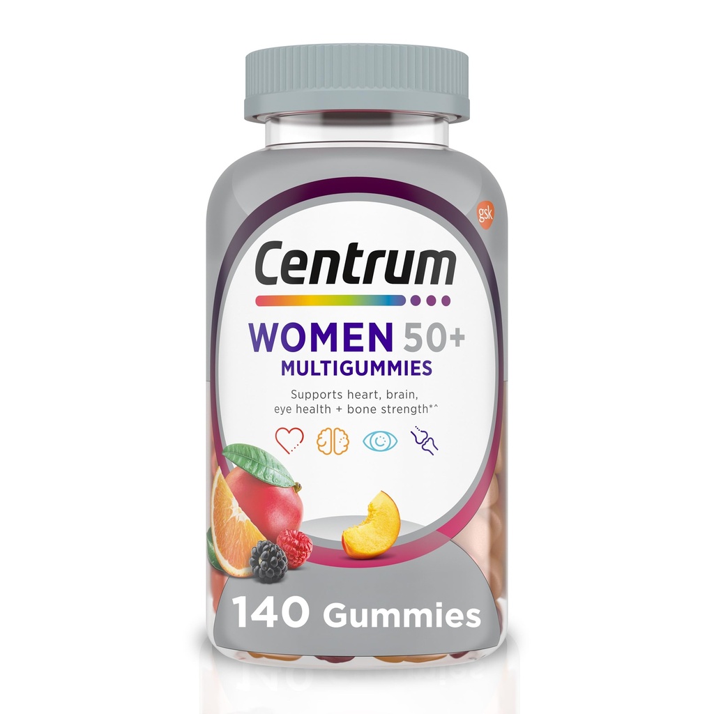 Centrum MultiGummies for Women 50 Plus, Multivitamin / Multimineral supplement med vitaminer D3, E, B6, og B12, Assorterede frugt flavor - 140 Tæl