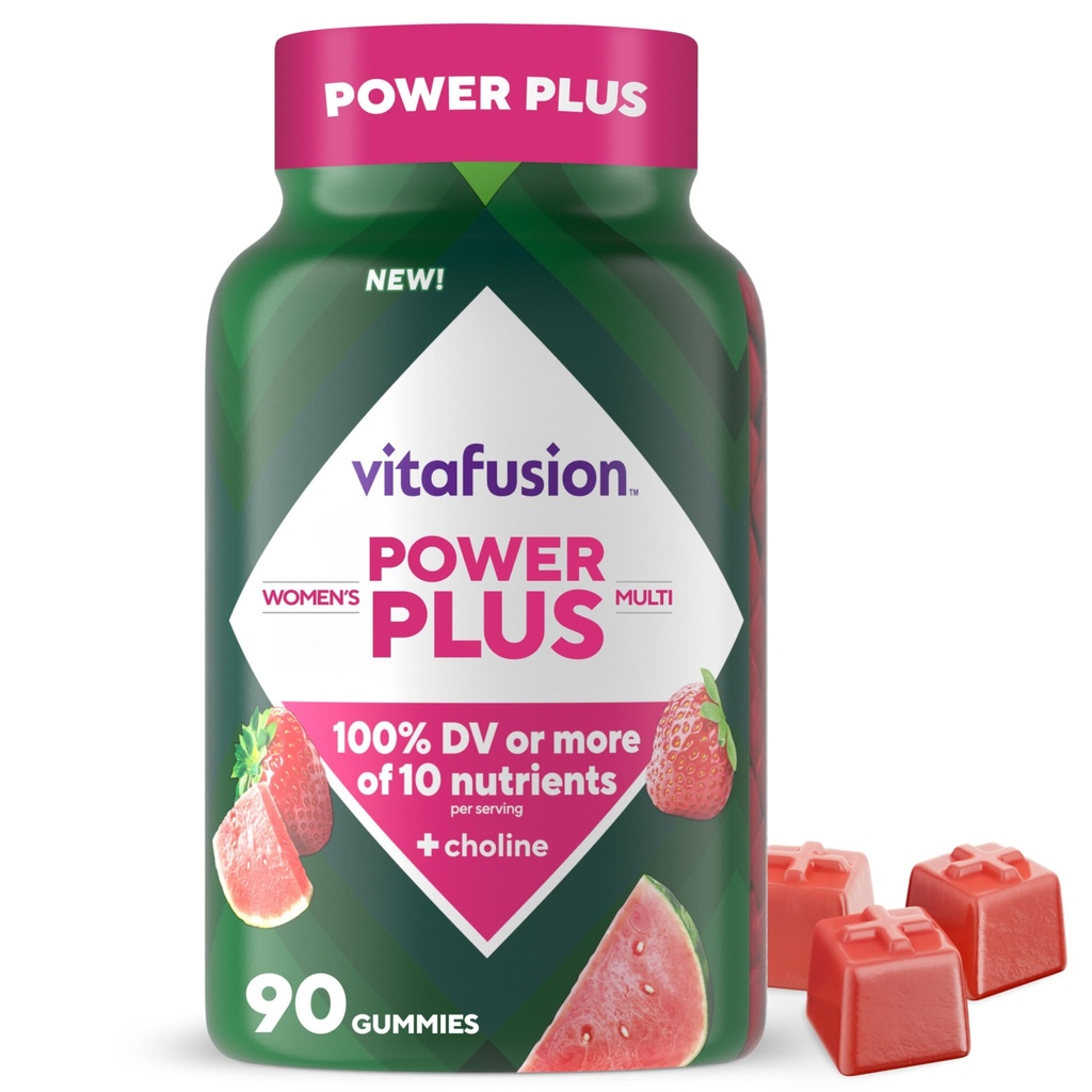 Vitafusion Power Plus Kvinder Multivitamin Gummies, 100% Daglig værdi eller mere af 10 næringsstoffer, Hjælper Support Nerve, Energi Metabolisme, Bone & immunforsvar, Jordbær & Vandmelon Flavor, 90 Greve