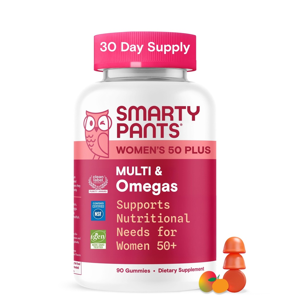 SmartyPants Multivitamin Gummy til kvinder 50 og derover, Omega 3 (DHA / EPA), Methylfolat, CoQ10, Vitamin D3, C, vitamin B12, B6, A, K, Biotin, Gluten Free, 90 Greve (30 Day Supply)