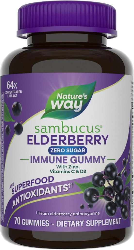 Nature 's Way Sambucus Zero Sugar Immun Gummies, Daily Immunsupport *, Black Elderberry Extract, Vitamin C, Vitamin D3, Zink, Sukker Free, Sukker Alkohol fri, Plantbaserede sødestoffer, 70 Gummies