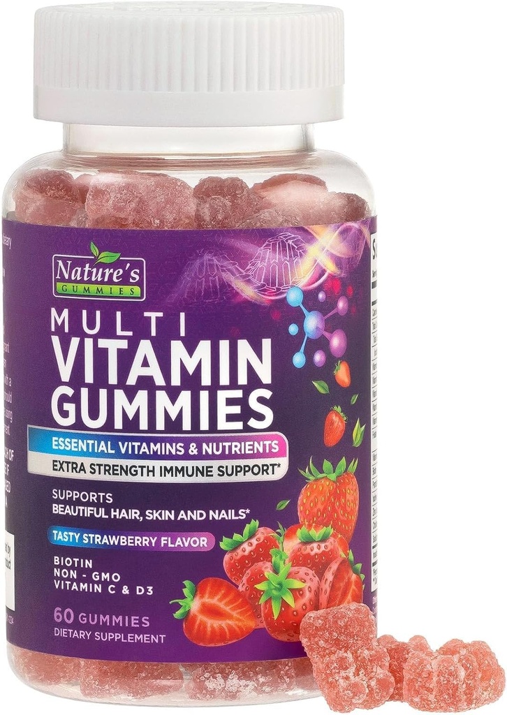 Multivitamin Gummy for voksne - Komplet multivitamin Gummy for kvinder & mænd - Essentielle vitaminer og mineraler med vitaminer A, C, D, E, og høj potens B12 - Vegetarisk Gummy Multivitaminer - 60 Gummies