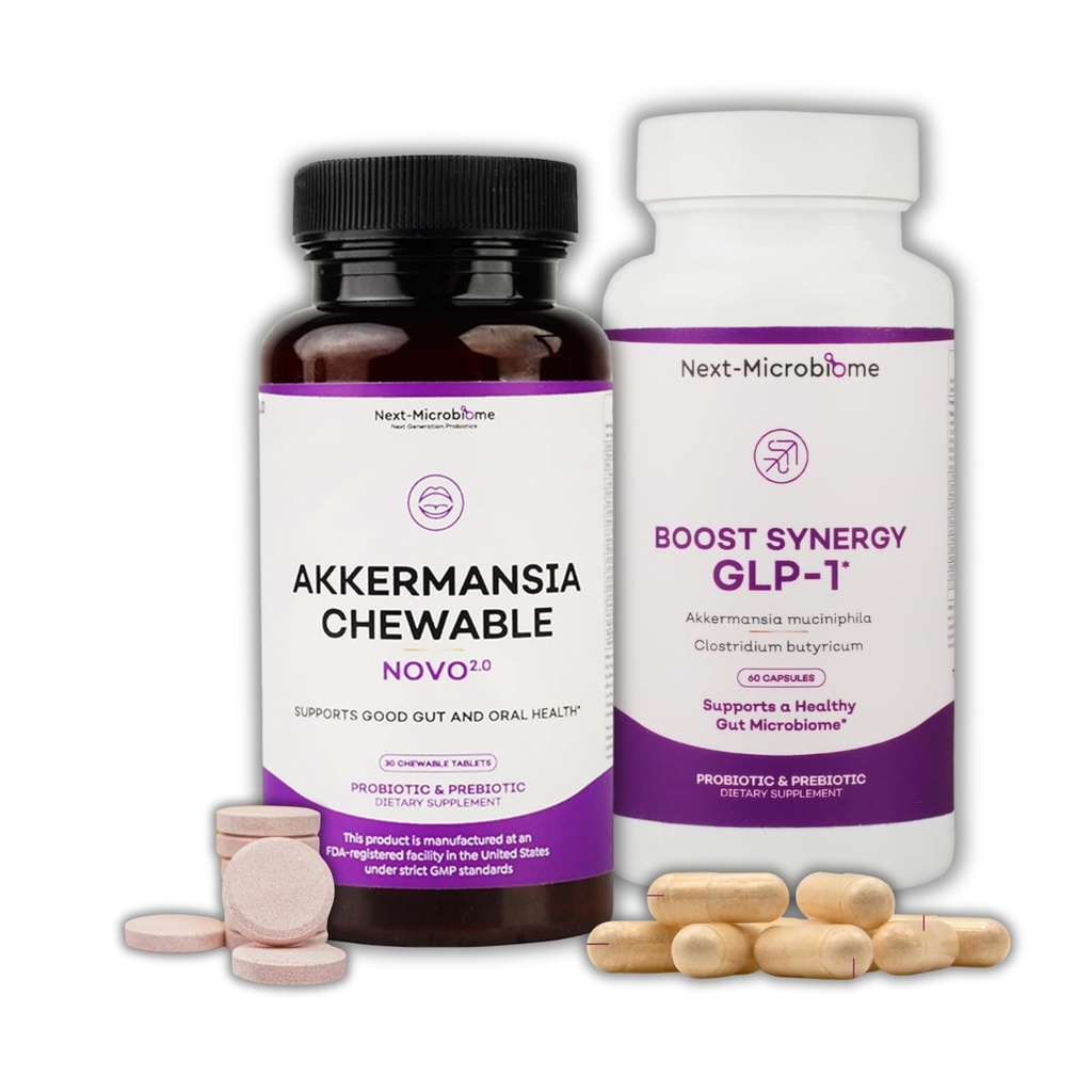 NEXT- MICROBIOME Akkermansia Muciniphila Probiotic Supplement 2 Set - Chewable & Capsule Duo til Gut og Oral Support, fordøjelsesbesvær og stofskiftesygdomme Wellness for kvinder og mænd