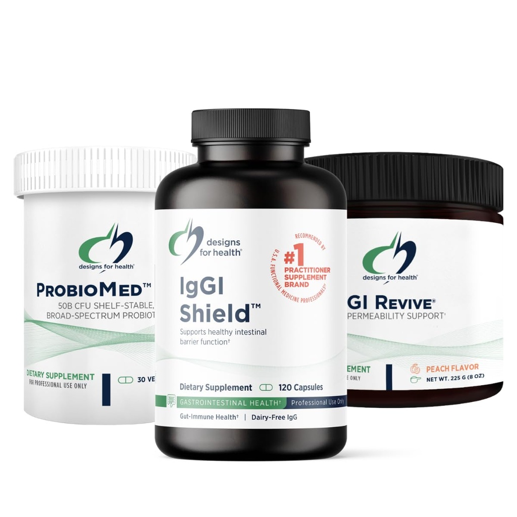 Design til sundhed 3R Gut Reset Program - IgGI Immunoglobulin kapsler, ProbioMed 50 Probiotic, GI Revive til Sothe, Coat & Fortify (3 produkter)
