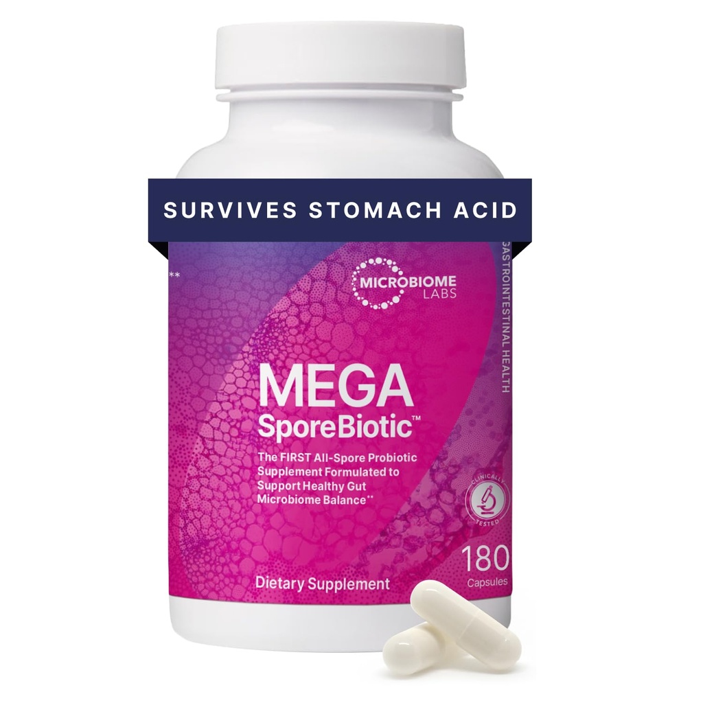 Mikrobiome Labs MegaSporeBiotic Probiotika for kvinder & mænd - Spore- Based Probiotic for Gut Health & fordøjelsesstøtte - Shelf-Stable, Travel- Friendly, Herre & Dame Probiotika (180 kapsler)