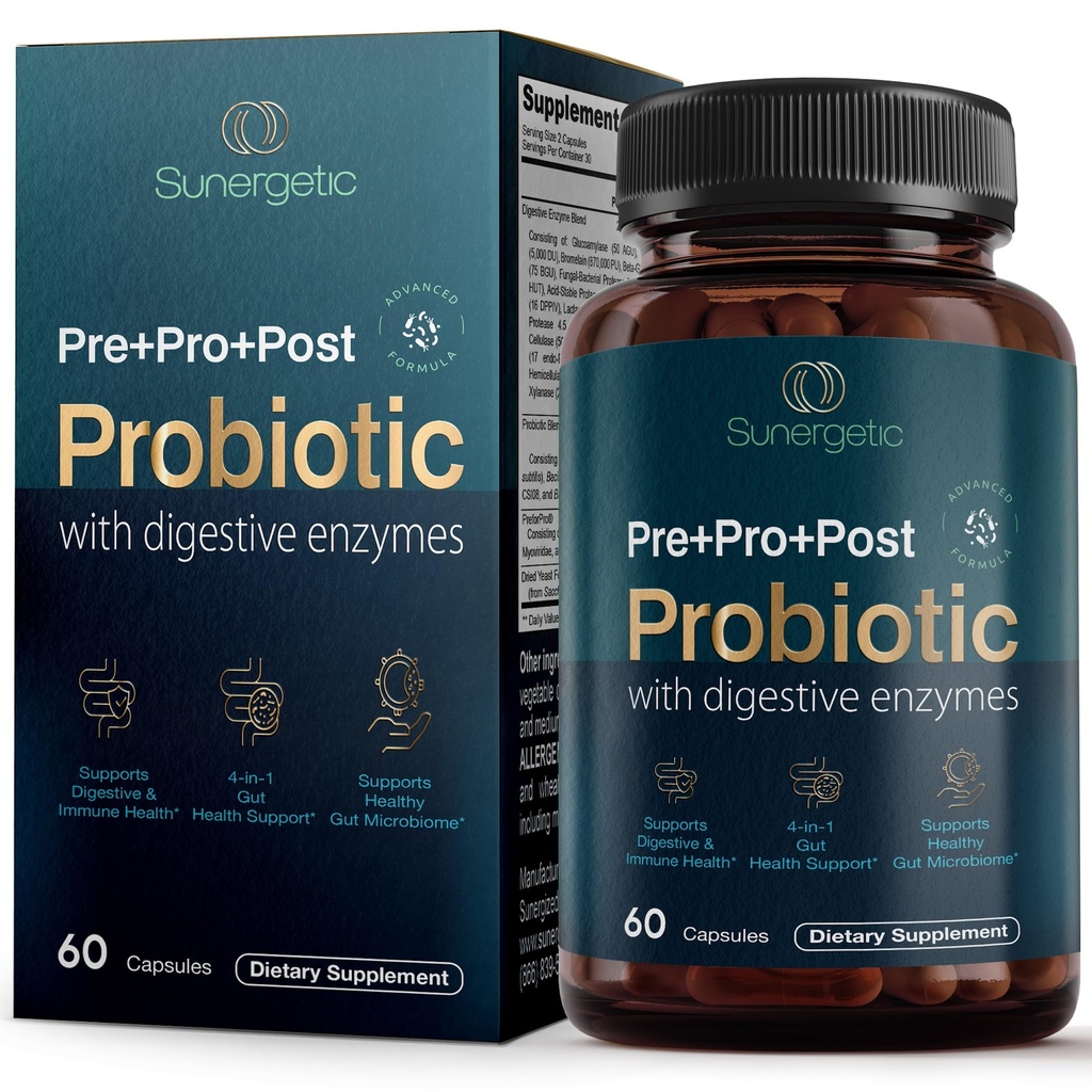 Premium 4-in-1 Probiotisk Prebiotic, Postbiotiske & fordøjelsesmæssige enzymer til mænd og kvinder - Understøtter Gut, fordøjelse & immunitet - Komplet Gut sundhed med Pre, Post, Probiotika & fordøjelsesfremmende enzymer-60 kapsler