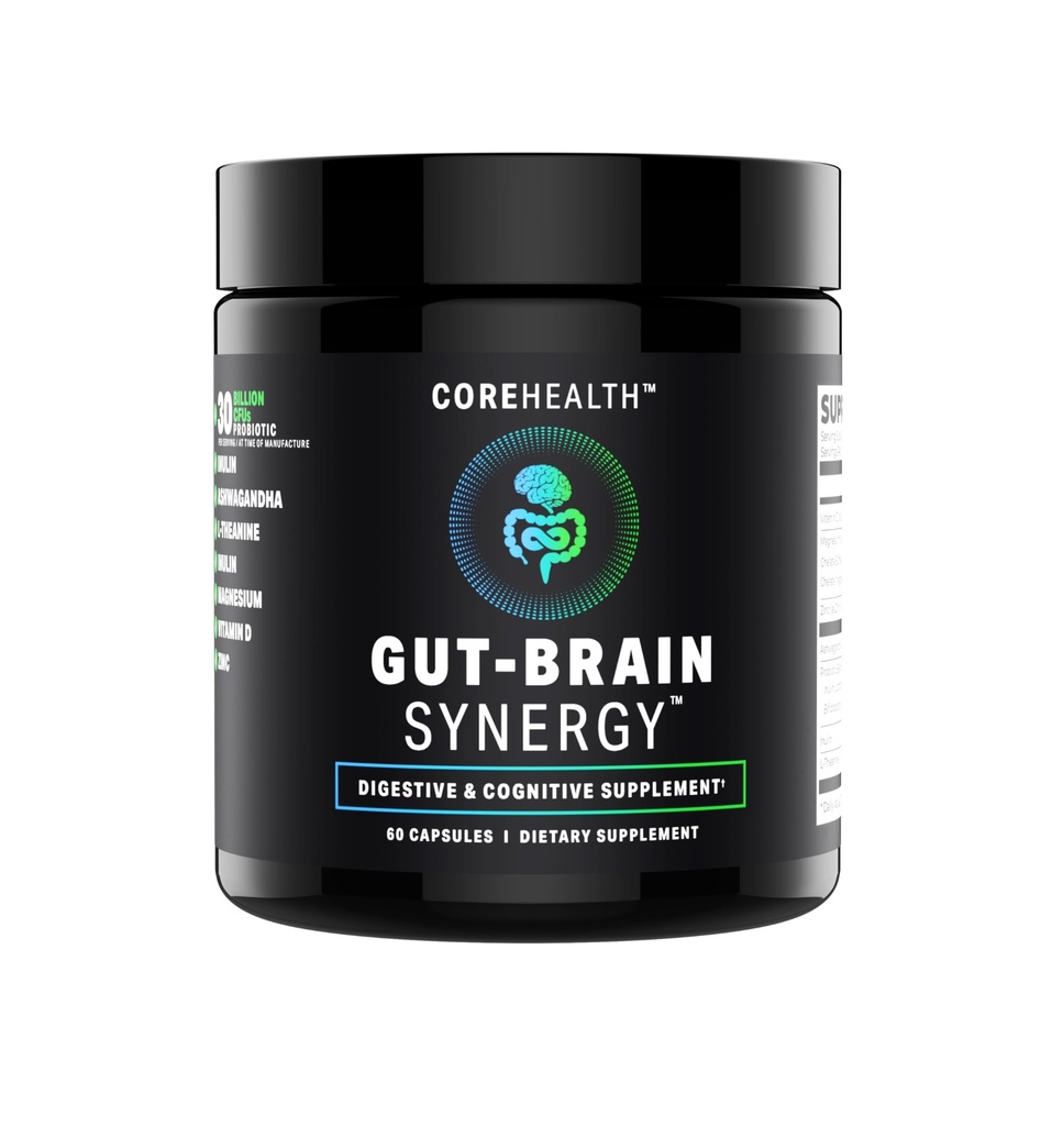 Gut- Brain Synergy Probiotic & Nootrop - 30Million CFU Psychobiotic + Prebiotic med Ashwagandha, L- Theanine & Zink til Gut Health, Mood Support, Stress Relief, Bloating Relief & Brain Focus & Memory