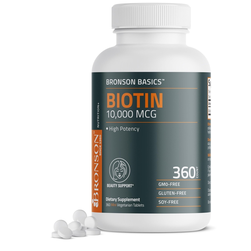 Bronson Biotin 10,000mcg, understøtter sundt hår, hud og negle, vegetar, non-GMO, 360 tabletter