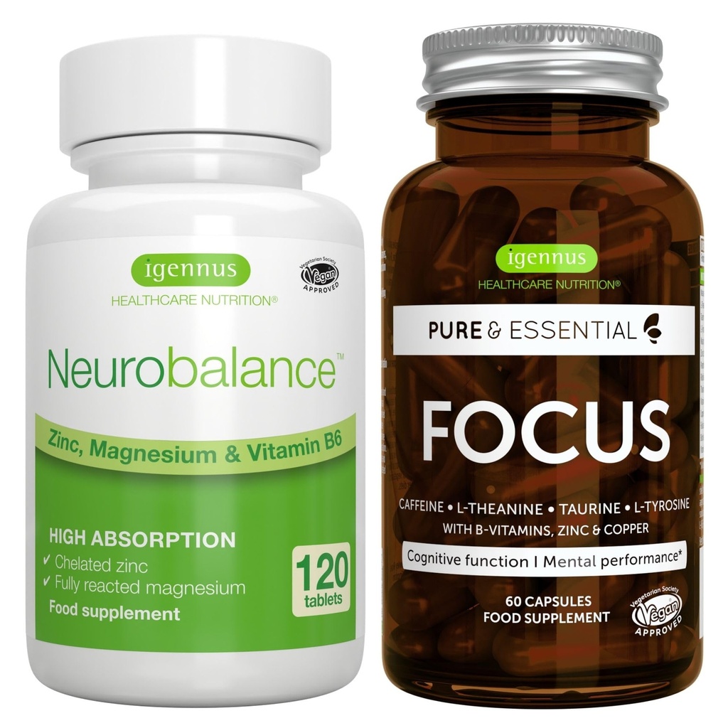 Neurobalance + Focus Brain Booster Vegan Bundle, Høj Absorption Zink Magnesium & B6 + Koffein, Aminosyrer & Methyleret B- Vitaminer, af Igennus