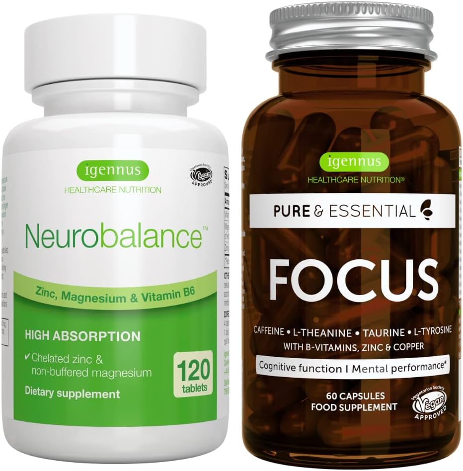 Neurobalance + Focus Brain Booster Vegan Bundle, Høj Absorption Zink Magnesium & B6 + Koffein, Aminosyrer & Methyleret B- Vitaminer, af Igennus