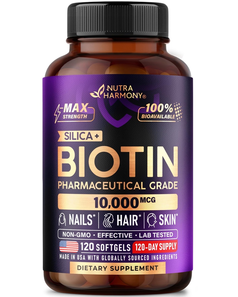 Biotin 10000mcg med Silicon - Farmaceutisk Grade biotin supplement til kvinder - Hårvækst Support, Hud & Nails - Max Strength & 100% Biotilgængelighed - Made in USA - 120 Softgels, 120 dages forsyning