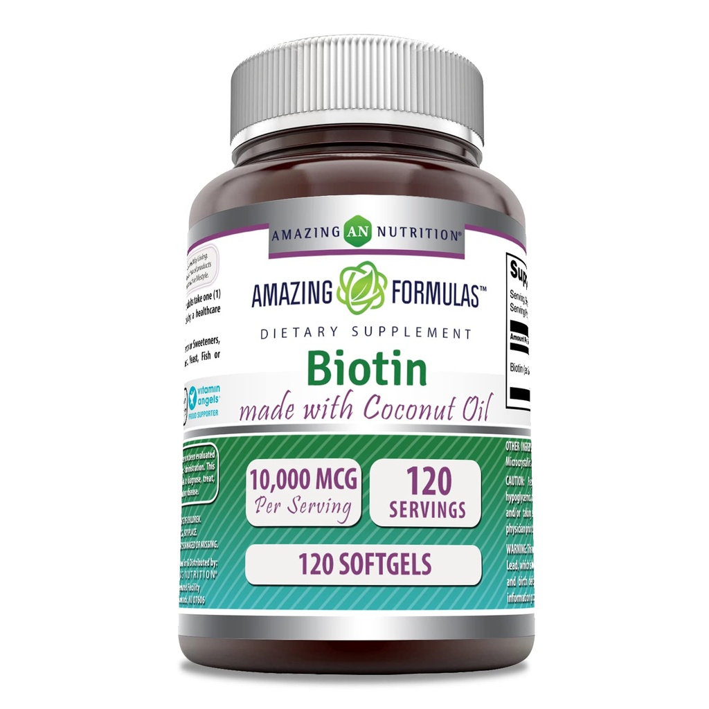 Amazing Formulas Biotin med ekstra Virgin Organic Coconut Oil Supplements 124; 10000 Mcg
