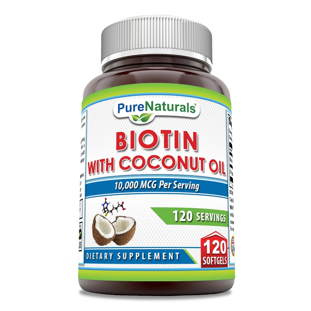 Pure Naturals Biotin 10000 Mcg med ekstra Virgin Organic Coconut Oil 120 Softgels - 124; Non- GMO - 124; Gluten Free - 124; Fremstillet i USA