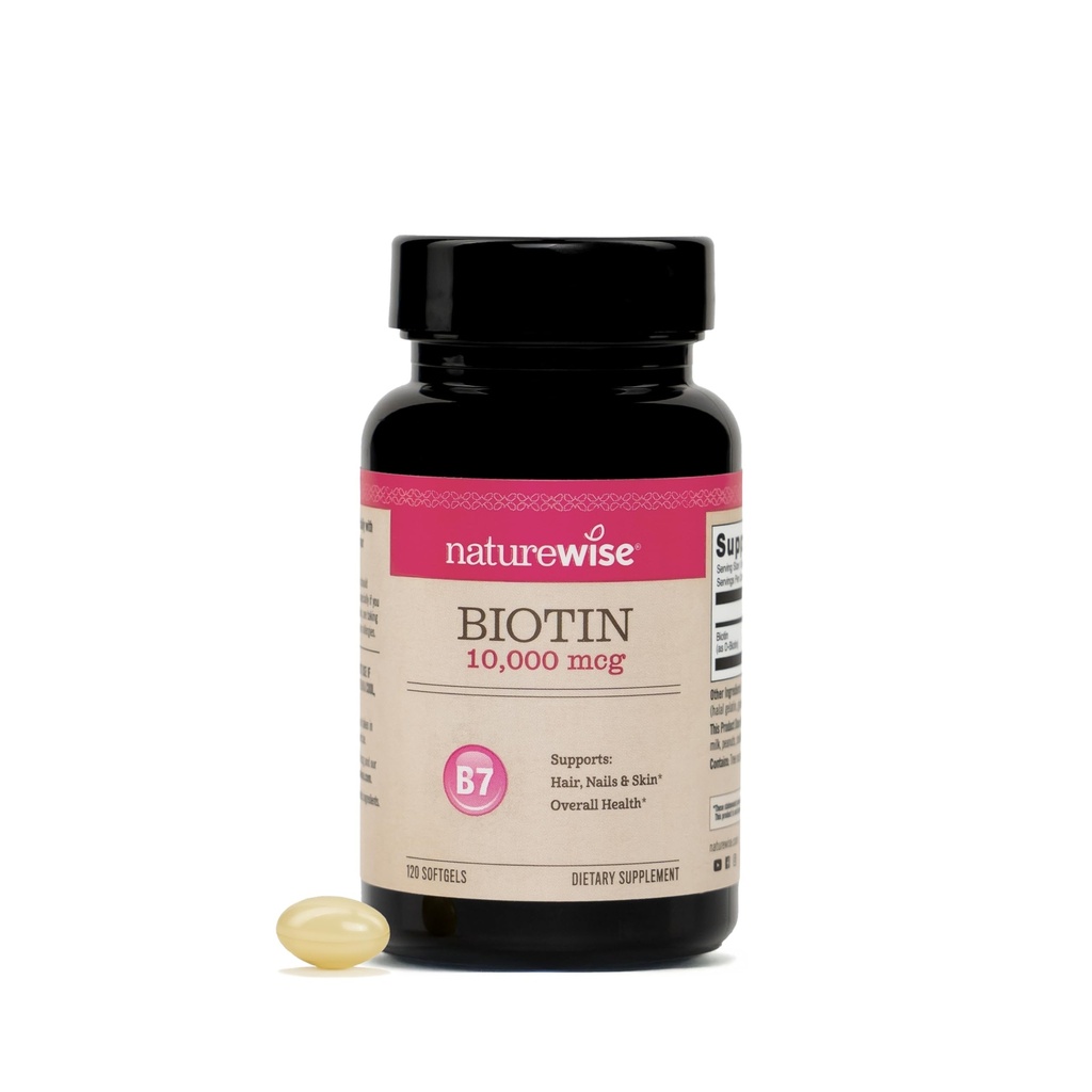 NatureWise høj potens Biotin 10.000 mcg Softels - Biotin for hårvækst Kvinder & Mænd + Hud & Nails Support - Non-GMO, USA Fremstillet - 120 Softgels [120- Day Supply]
