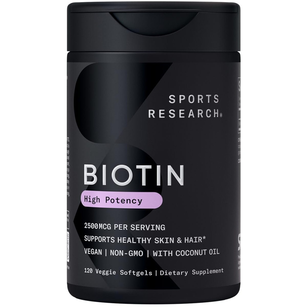 Sport Research ® Biotin 2.500mcg med økologisk kokosolie - Biotin (vitamin B7) til sund hud og hår støtte * - for kvinder og mænd - Vegan, non-GMO, gluten & soy- Free - 120 Veggie Softgels