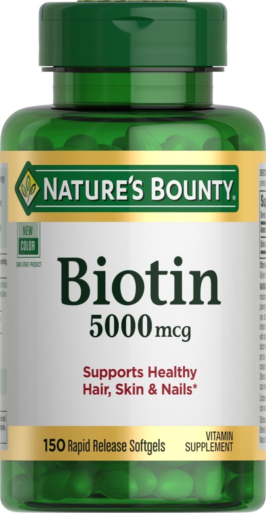 Naturens Bounty Biotin, understøtter Metabolisme for cellulær energi og sundt hår, hud og negle, 5000 mcg, 150 Softels