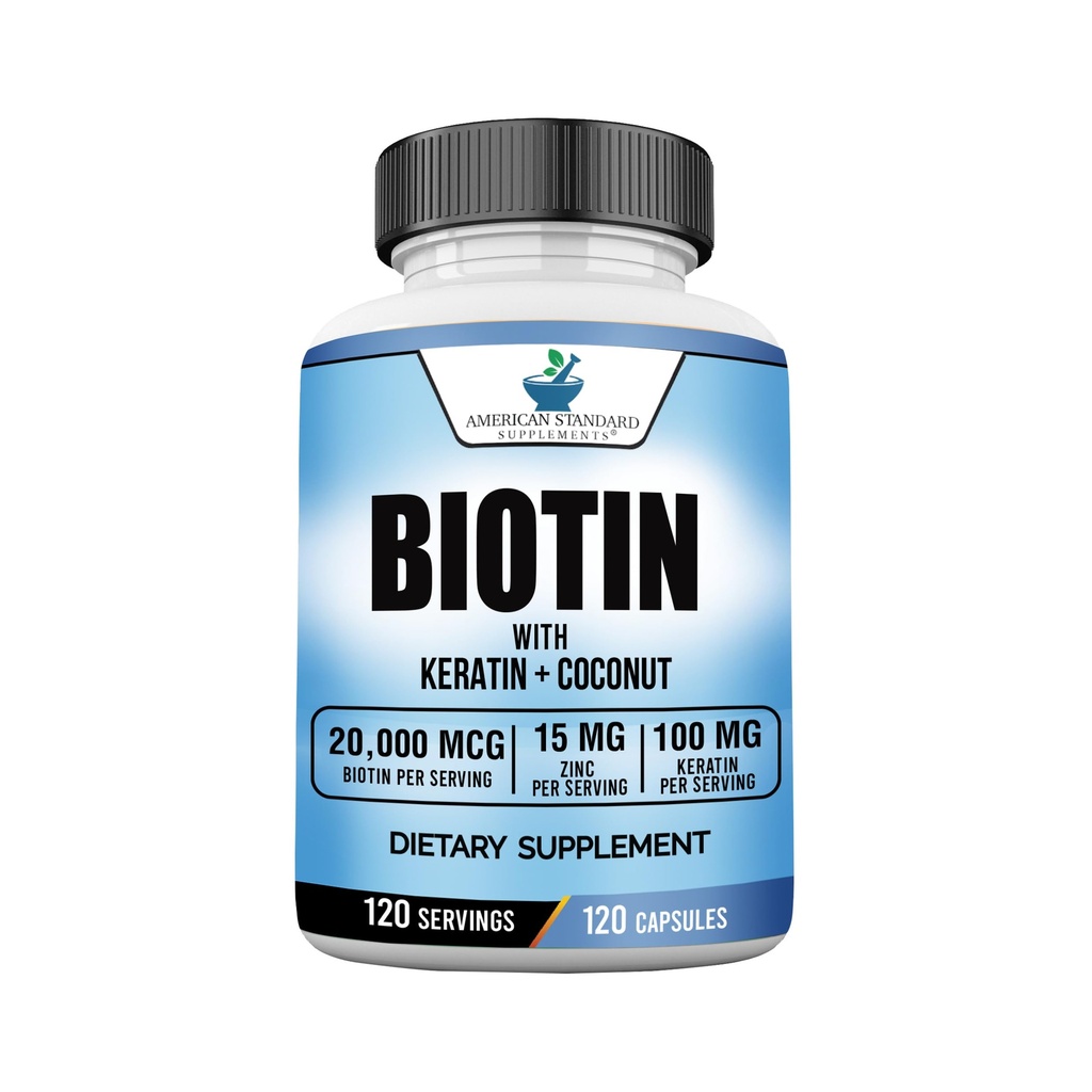 Amerikanske Standard Kosttilskud Biotin 20,000mcg med Keratin, kokos pulver og zink, Biotin supplement til kvinder og mænd, 120 Veggie kapsler, 120 Day Supply