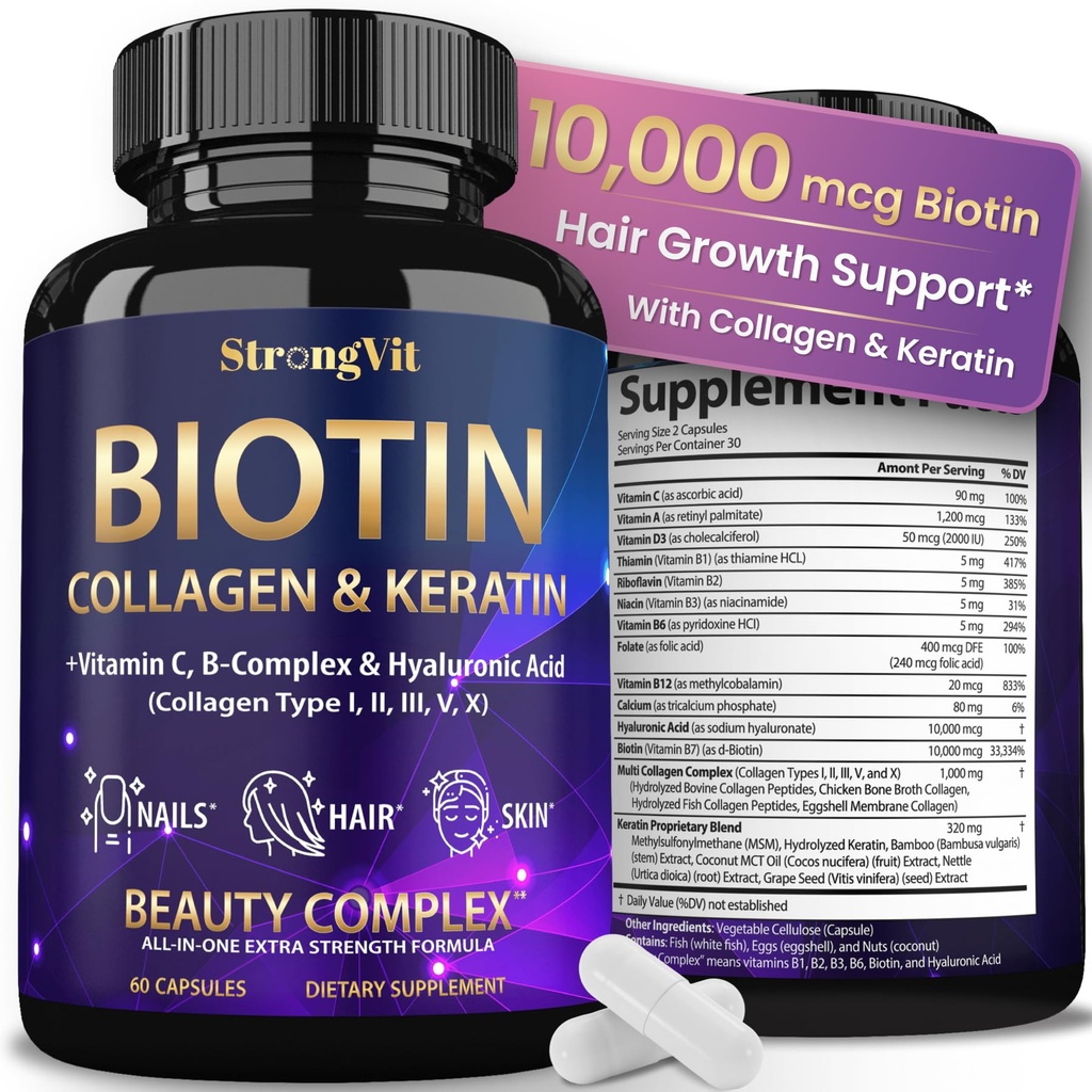 StrongVit Biotin med Hyaluronsyre, Keratin og Collagen Kosttilskud - 10000mcg til hårvækst kvinder og mænd - Hårhud og negle Vitaminer - 60 kapsler