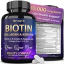 StrongVit Biotin med Hyaluronsyre, Keratin og Collagen Kosttilskud - 10000mcg til hårvækst kvinder og mænd - Hårhud og negle Vitaminer - 60 kapsler