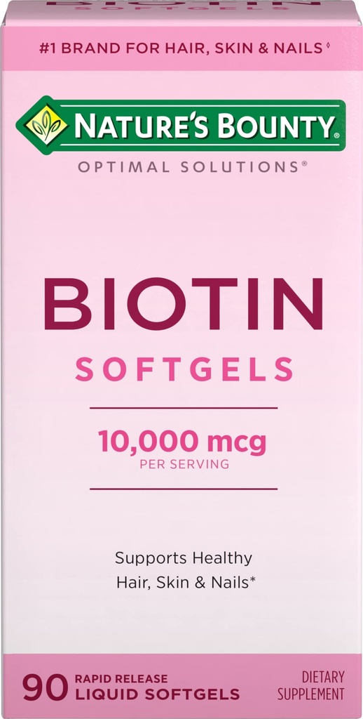 Naturens Bounty Biotin 10000mcg tillæg, understøtter sundt hår, hud og negle, optimale løsninger hår Vitamin med biotin, 90 Rapid Release Liquid Softels