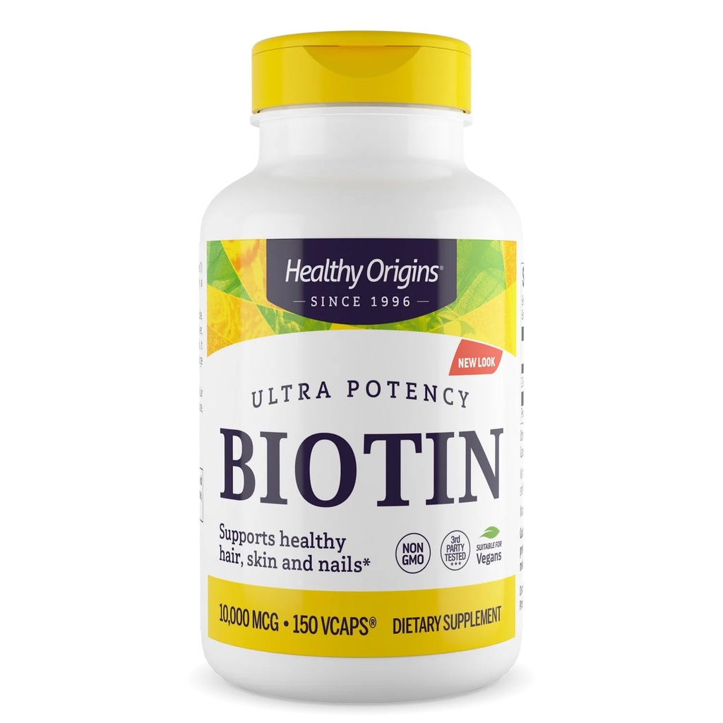 Sund oprindelse Biotin 10.000 mcg (USP Grad, non-GMO, gluten fri, hårstøtte, neglestøtte), 150 Veggie Caps