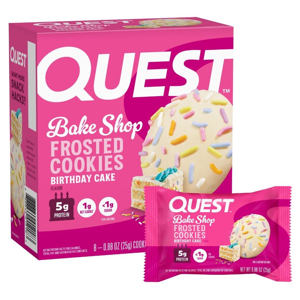 Quest Nutrition Frosted Protein Cookies, Fødselsdagskage, < 1g Sukker, 5g Protein, 1g Net Carbs, Gluten Free, 8 Cookies