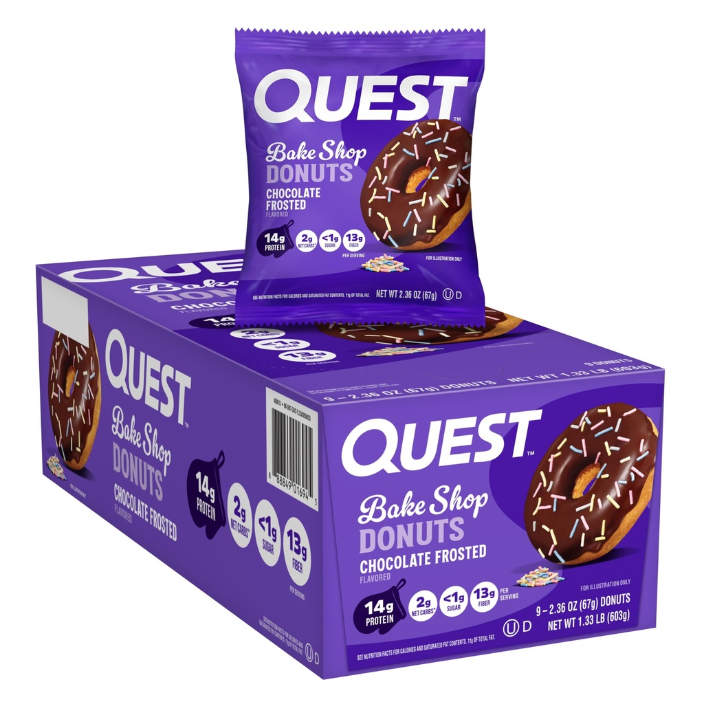 Quest Nutrition Bag Shop, Chokolade Frosted Donuts, 14g Protein, Mindre end 1g Sukker, Protein Snack, Lavsukker, 9 Greve