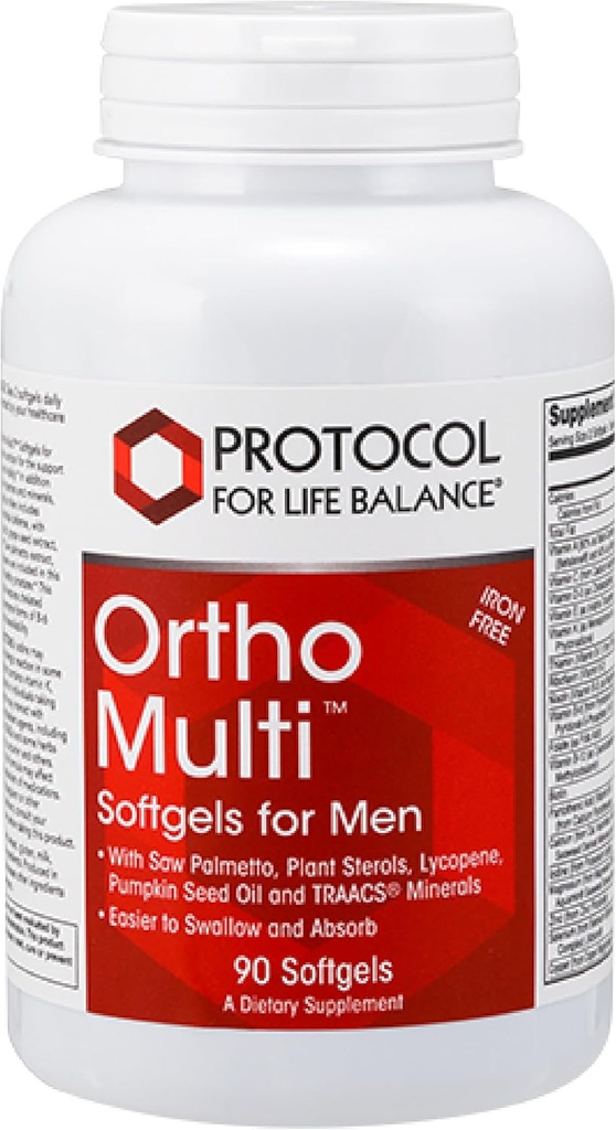 PROTOKOL FOR LIV BALANCE Ortho Multi Softgels for mænd - Multivitamin for prostata sundhed - med Saw Palmetto, Zink & CoQ10 - Mænd Daily Multivitamin - Iron Free - 90 Softgels