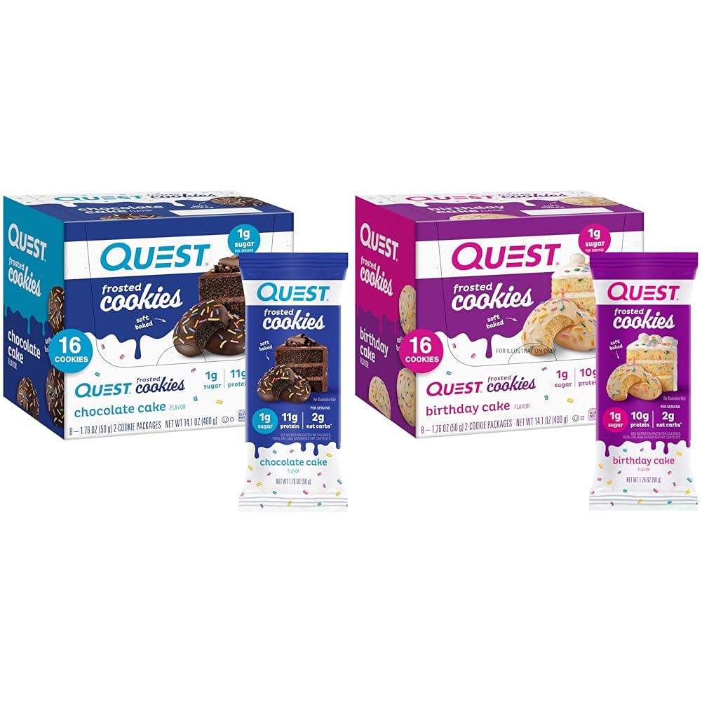 Quest Frosted Cookies Twin Pack, Chokolade Cake 16 Cookies & Fødselsdag Cake 16 Cookies, 1g Sukker, 10- 11g Protein, 2g Net Carbs