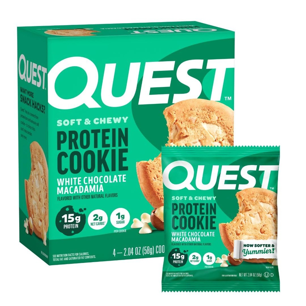 Quest Nutrition White Chocolate Macadamia Protein Cookie, 15g Protein, 1g Sukker, 2g Net Carbs, Keto Friendly, High Protein, Low Carb; 4 Greve