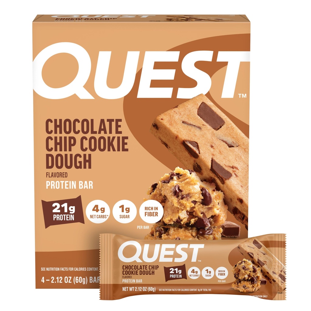 Quest Nutrition Chocolate Chip Cookie Dough Protein Bars, 21g Protein, 4, Net Carbs, 1g Sugar, High Fiber, Gluten Free, Keto Friendly, 4 Greve