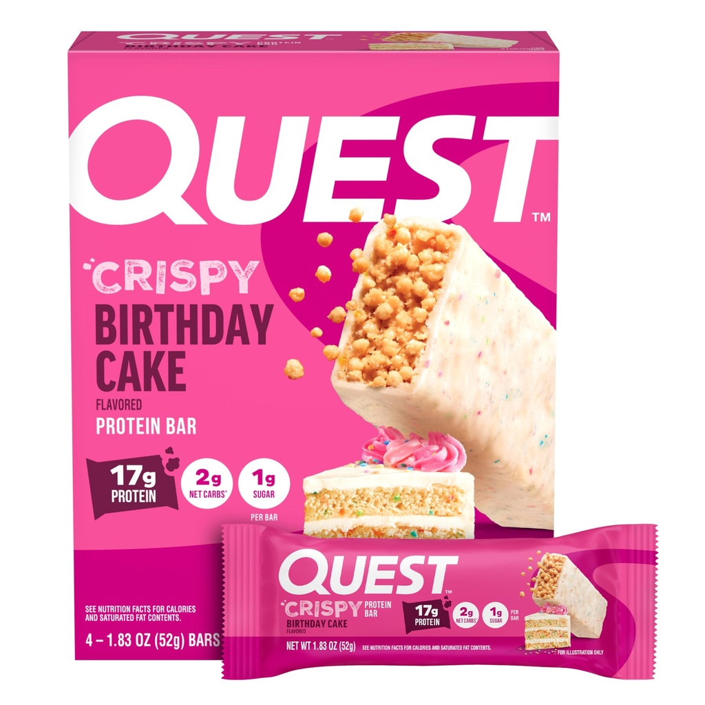 Quest Nutrition Crispy Fødselsdag Cake Protein Bar, 17g Protein, 1g Sukker, 2g Net Carbs, Gluten Free Protein Snack, Keto Friendly, 4 Greve