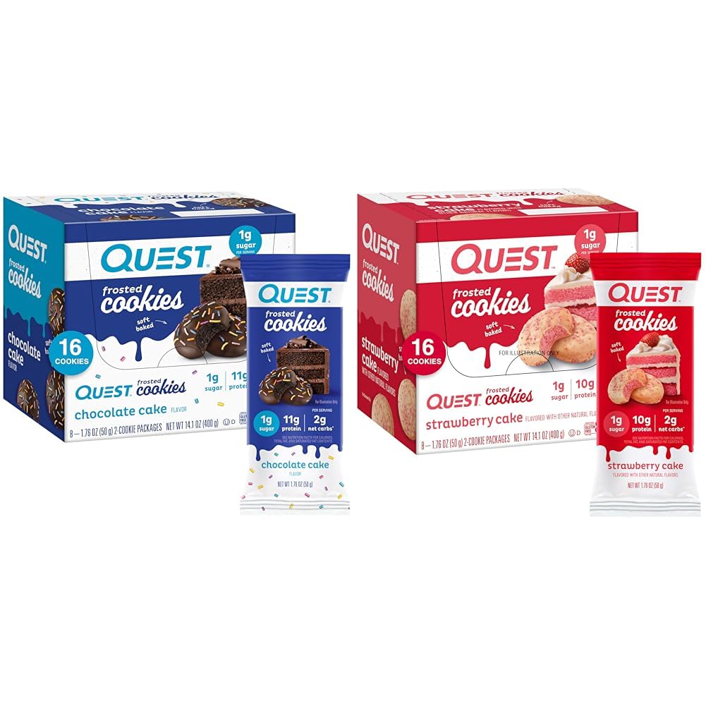 Quest Nutrition Frosted Cookies Twin Pack Bundle, Chokolade Cake 1g Sukker 11g Protein 2g Net Carbs and Strawberry Cake 1g Sukker 10g Protein 2g Net Carbs, Gluten Free, 16 Cookies Hver
