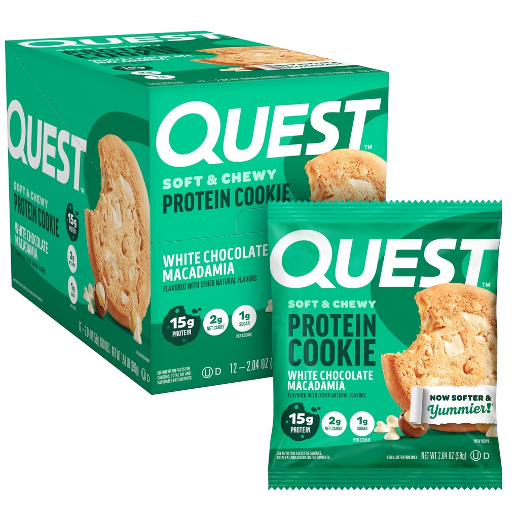 Quest Nutrition White Chocolate Macadamia Protein Cookie, 15g Protein, 1g Sukker, 2g Net Carbs, Keto Friendly, High Protein, Low Carb; 12 Tæl