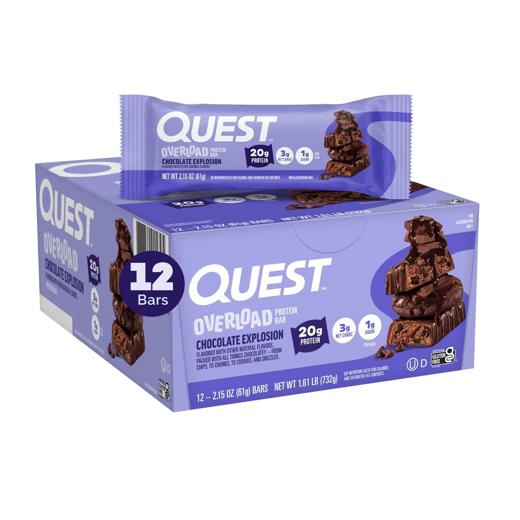 Quest Nutrition Overbelastning Proteinbarer, Chokolade Eksplosion, 20g Protein, 1g Sukker, 3g Net Carbs, Gluten Free, 12 Greve