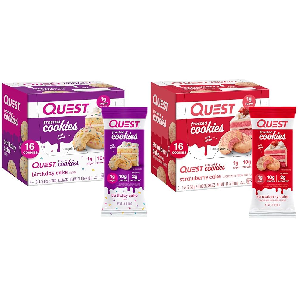 Quest Frosted Cookies Twin Pack med fødselsdag Cake 1g Sukker 10g Protein 2g Net Carbs Gluten Gratis 8 Grev og Jordbær Cake 1g Sukker 10g Protein 2g Net Carbs Gluten Gratis 16 Cookies