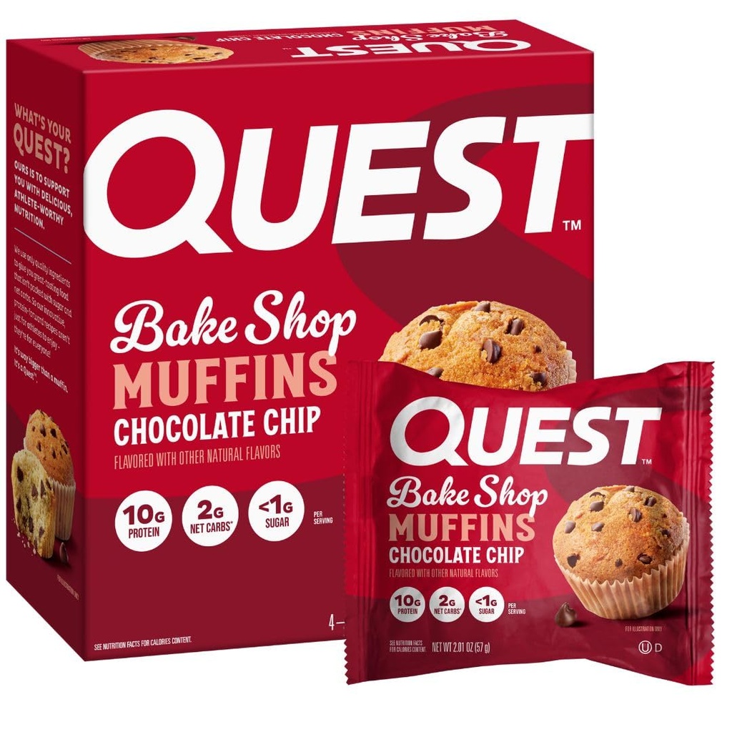 Quest Nutrition Chocolate Chip Muffin, 10g Protein, 2g Net Carb, Mindre end 1g Sukker, Protein Snack, 4 Greve