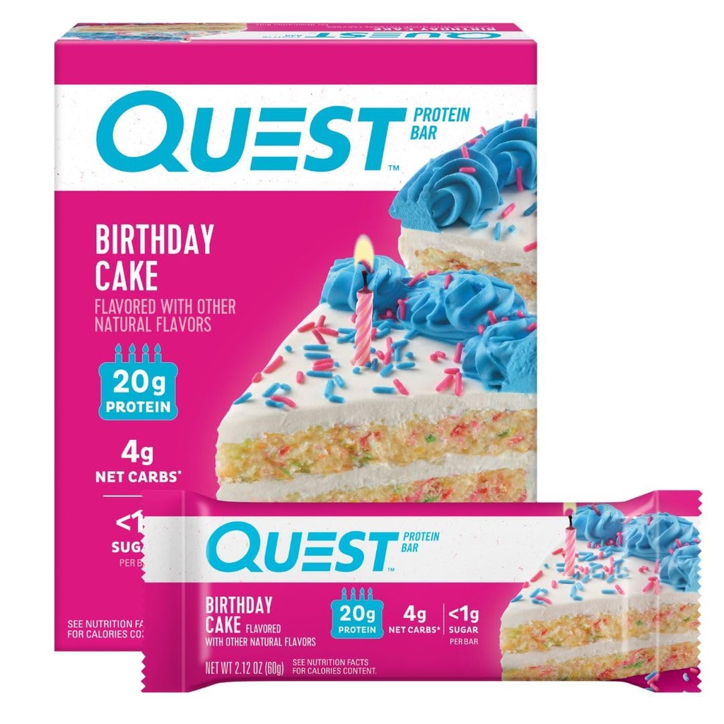 Quest Nutrition Fødselsdag Cake Protein Barer, 20g Protein, 4g netto kulhydrater, 1g sukker, Gluten Free, Keto Friendly, 4 Greve