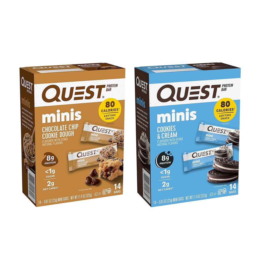Quest Nutrition Mini Protein Bars Bundle, Chokolade Chip Cookie Dough og Cookies & Cream, High Protein, Low Carb, Keto Friendly, 14 Greve hver